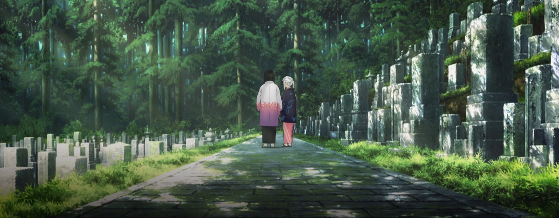 A lone figure walking through an ancient forest cemetery